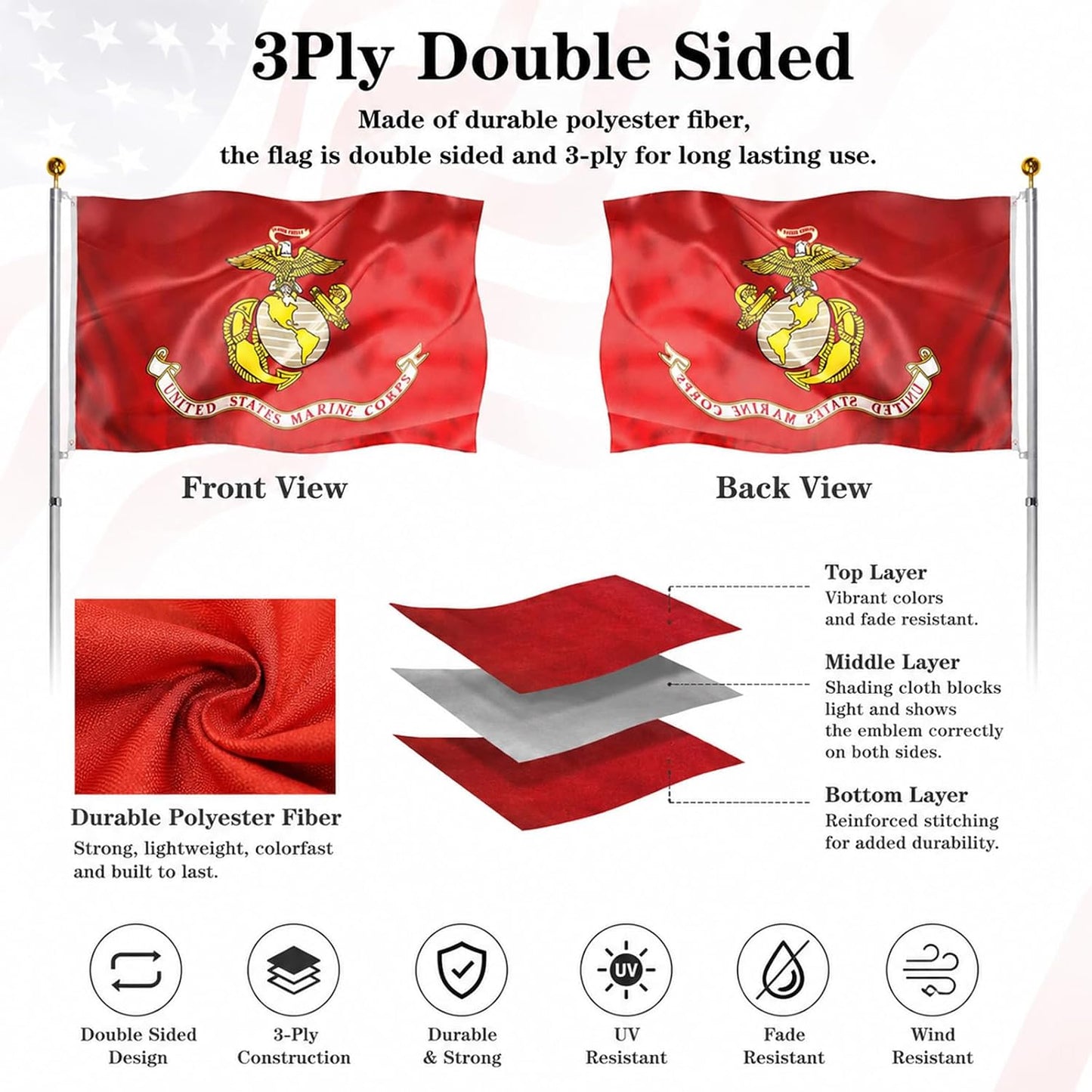 Bandera doble cara USMC 2x3ft lona resistente 3 capas