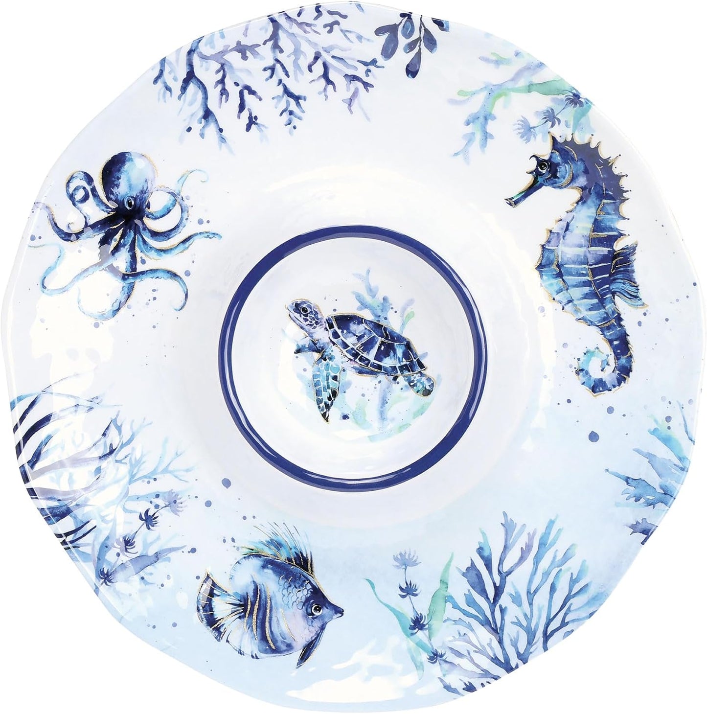 Bandeja redonda servir melamina azul 13.5pulg