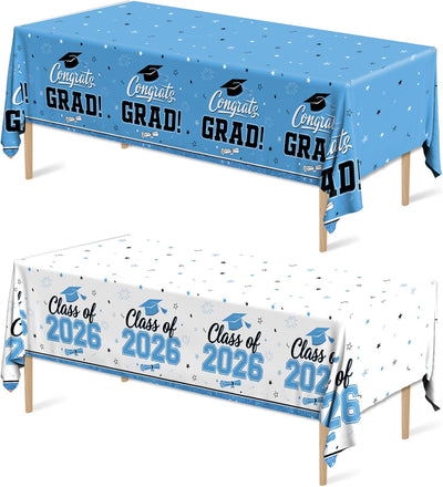 Mantel fiesta graduación 2026 azul claro y blanco desechable