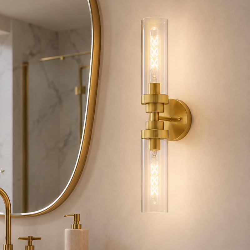 Lámpara tocador baño 22" oro cepillado vidrio transparente