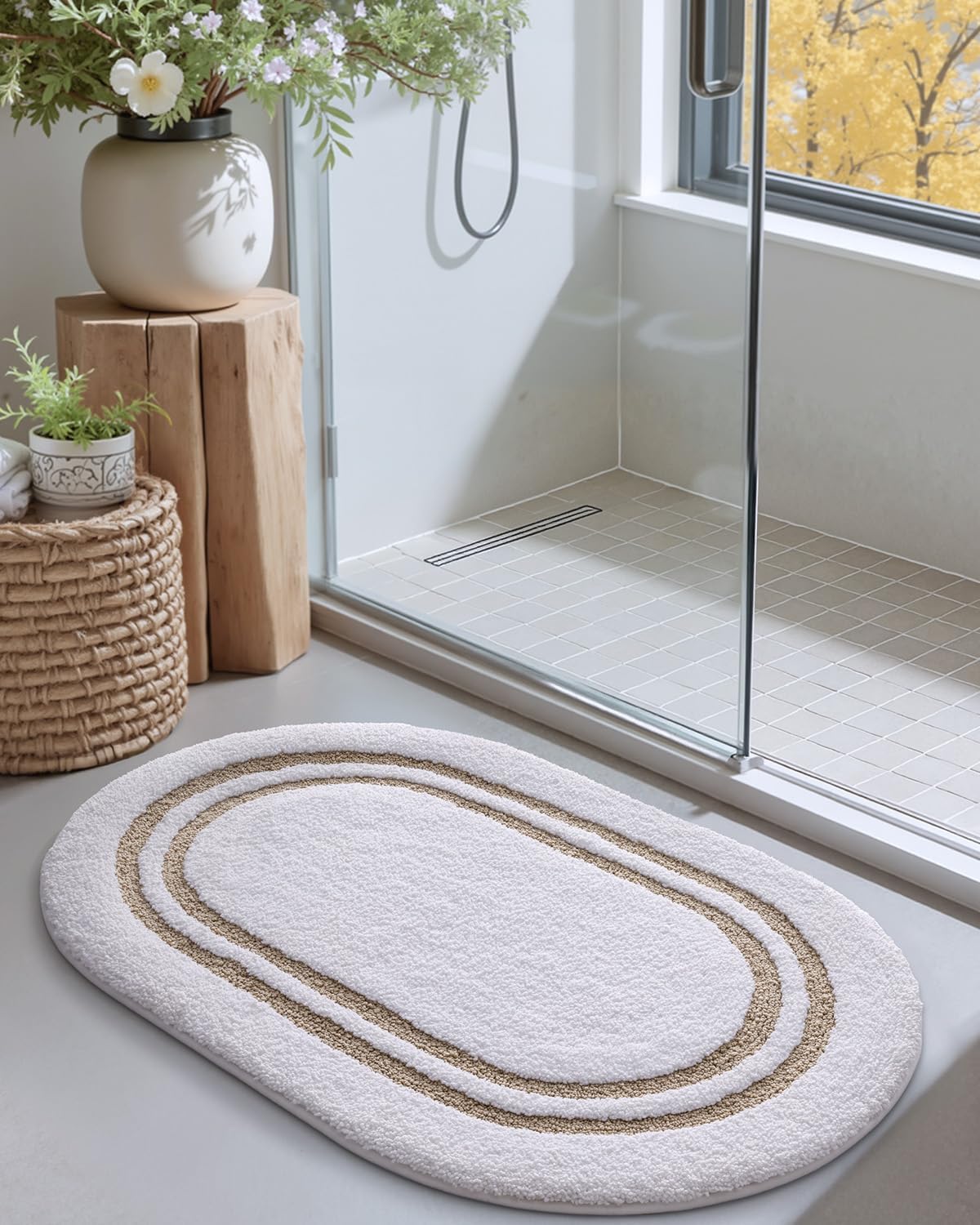 Alfombra baño ovalada microfibra antiderrap beige