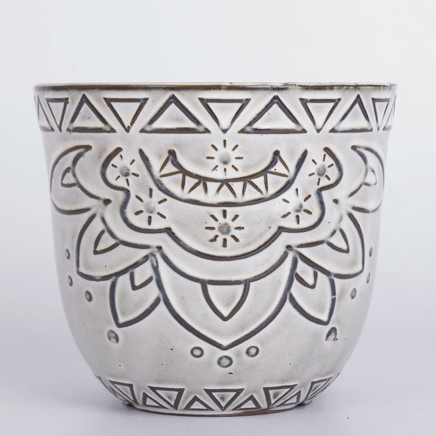 Maceta cerámica estilo bohemio 5.9" grabado geométrico