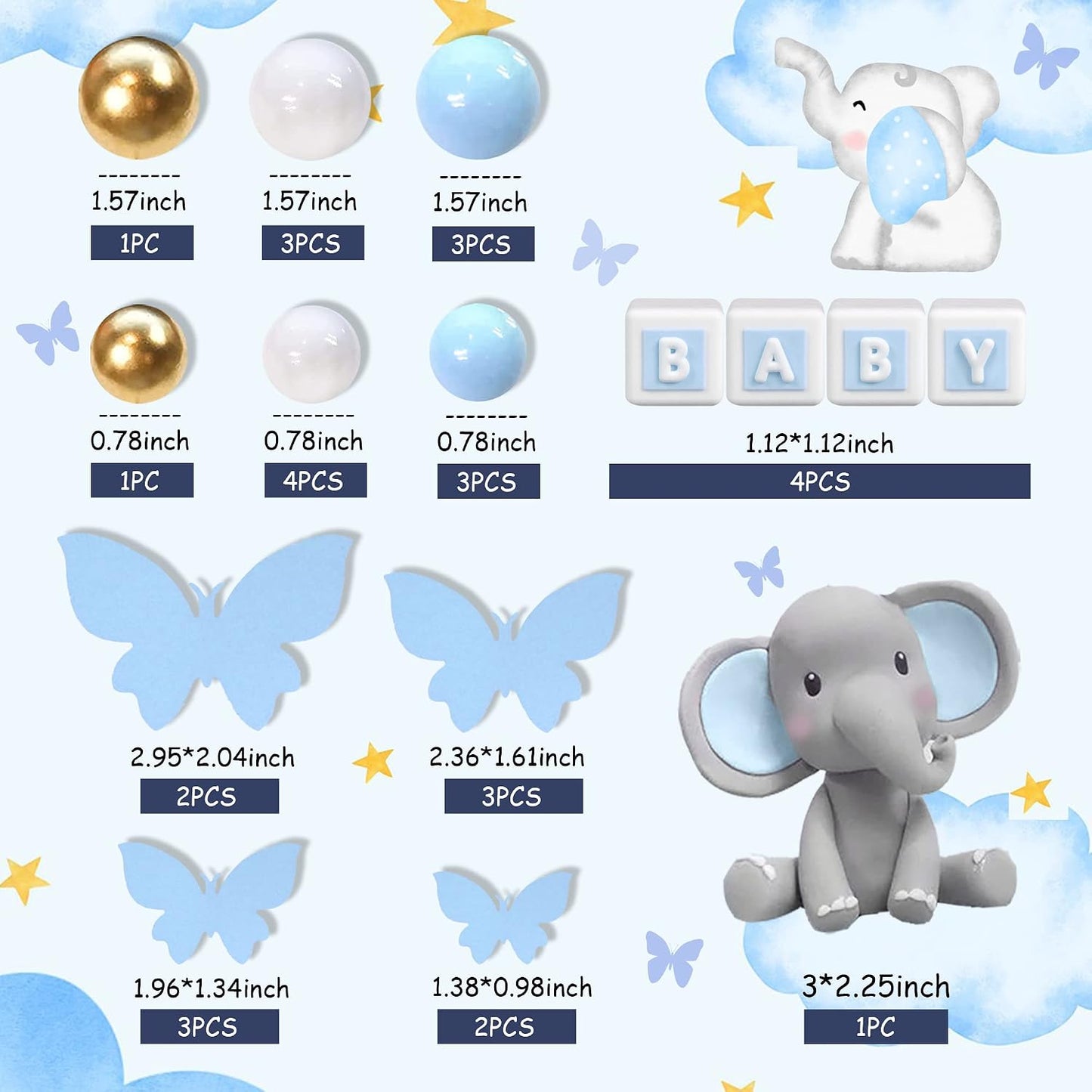 Decoración pastel elefante letra azul bola perla blanca cumpleaños