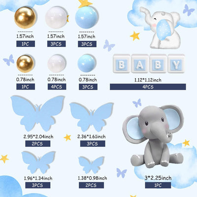 Decoración pastel elefante letra azul bola perla blanca cumpleaños