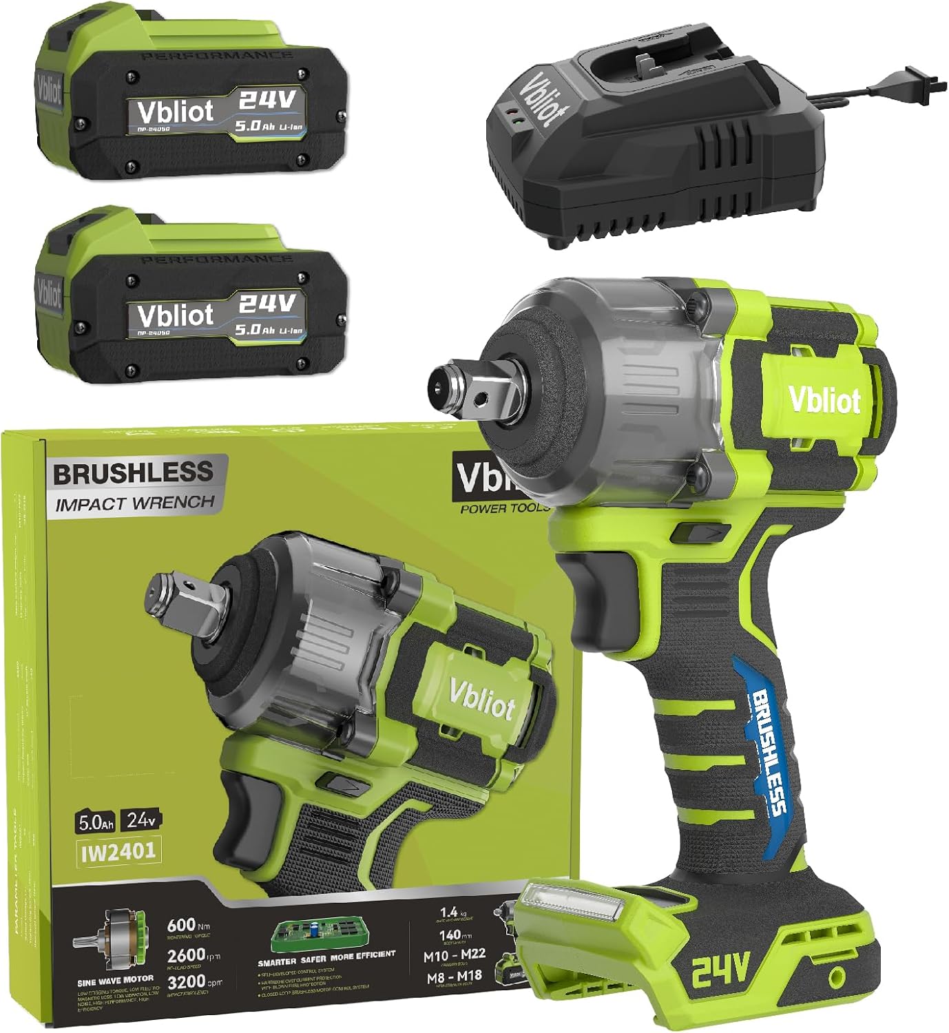 Llave impacto inalámbrica 24V 600Nm 2 baterías 5Ah