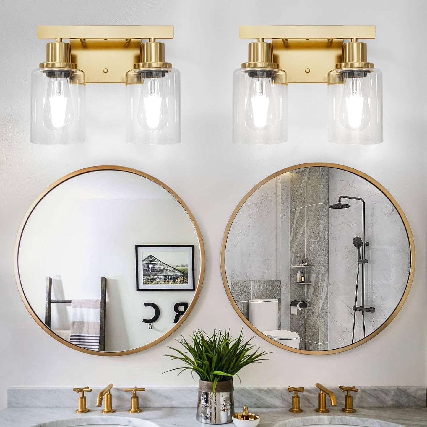 Lámpara Tocador 2 Luces Oro Cepillado Vidrio Transparente