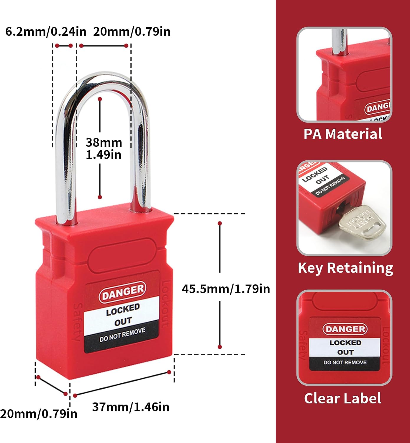 Cerraduras bloqueo etiquetado pack 5 rojas con llave OSHA