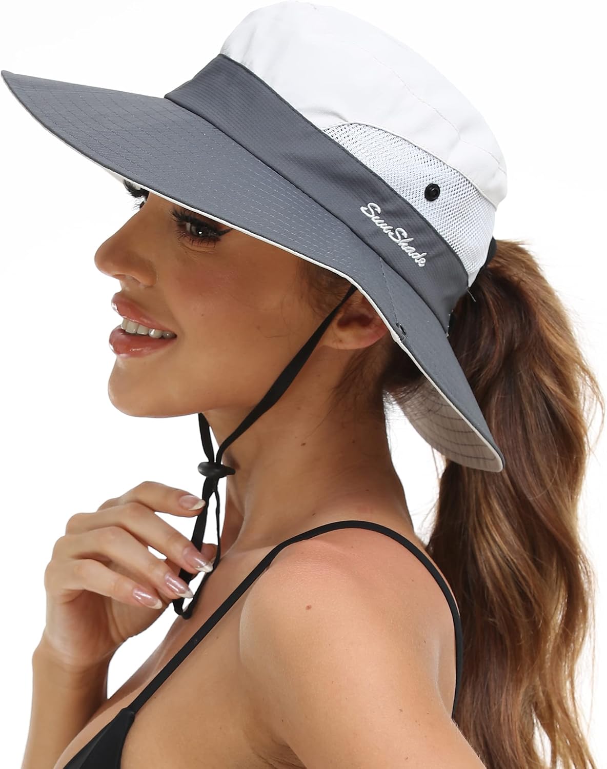 Sombrero playa mujer ala ancha UV plegable malla cola