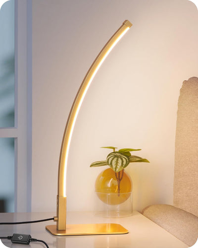 Lámpara mesa LED curva dorada con 3 temperaturas y atenuación
