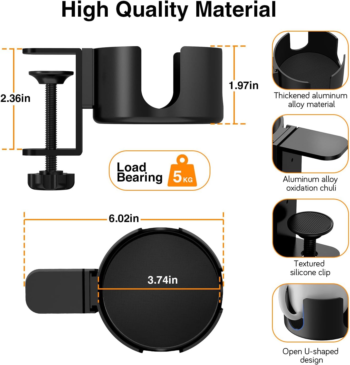 Abrazadera portavasos escritorio 3.7" 11lbs negro