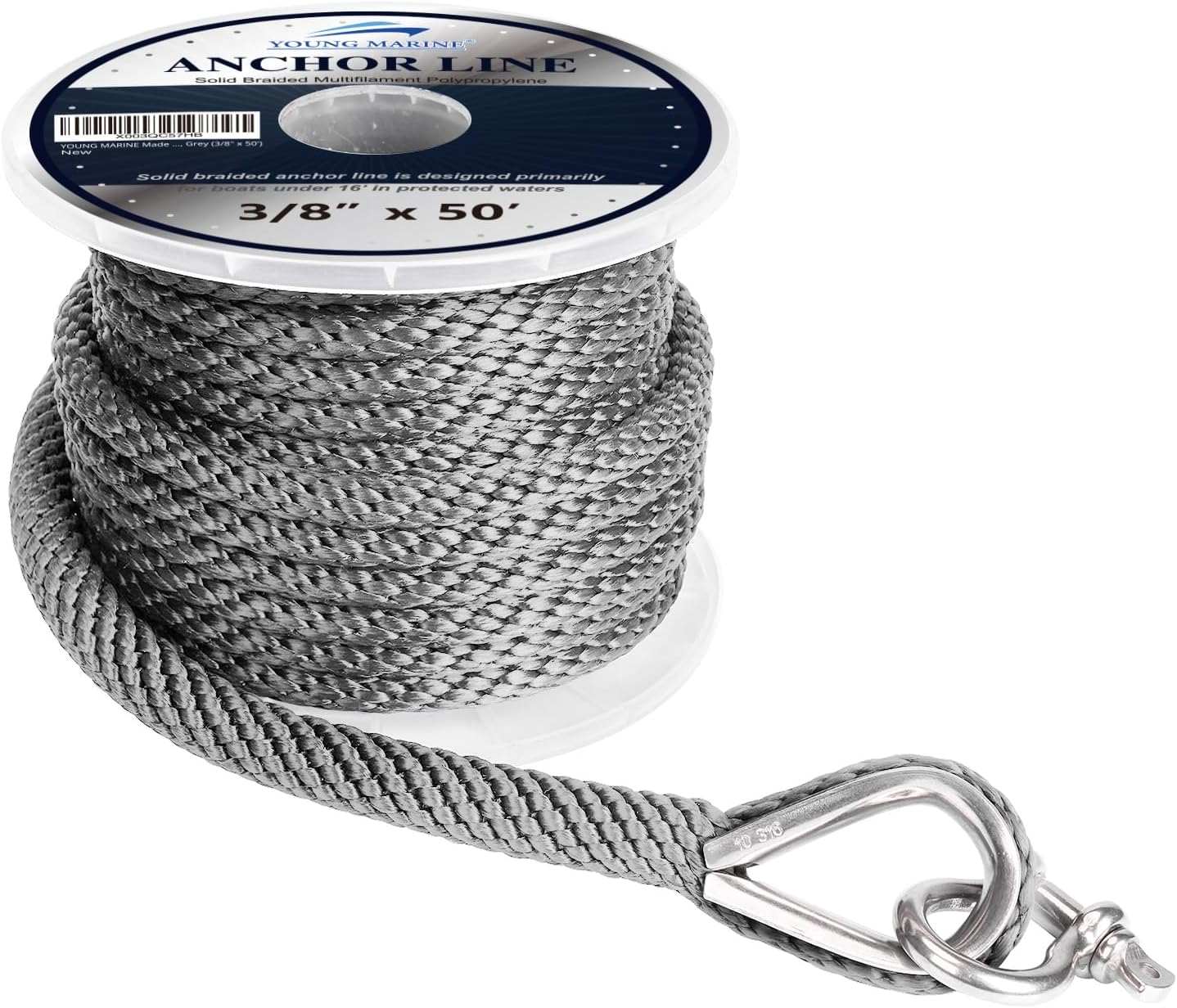 Cuerda anclaje trenzada 3/8" gris con grillete acero inox