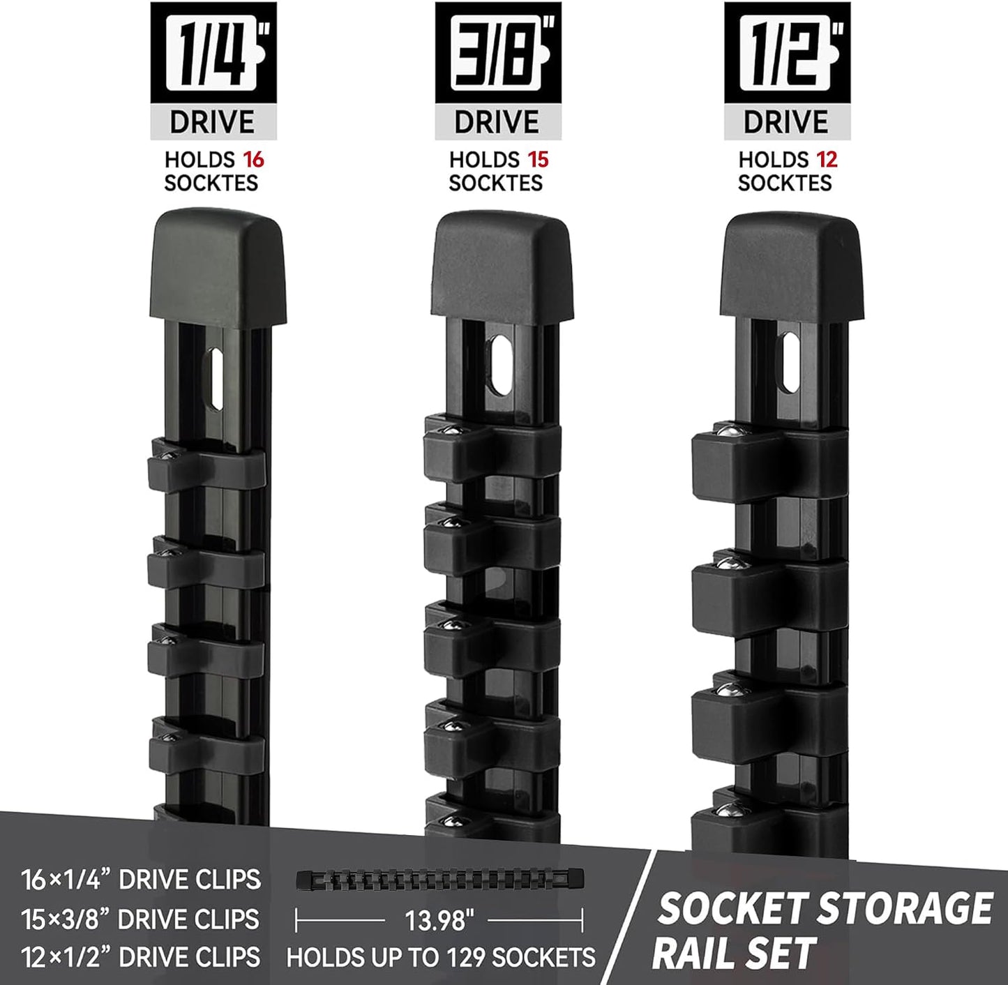 Organizador enchufes 3 pzas clips 1/4 3/8 1/2 pulg ABS resistente