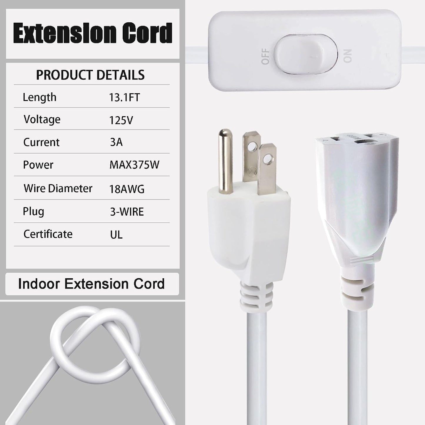 Cable extensión 13.1ft con interruptor 125v 375w cert UL