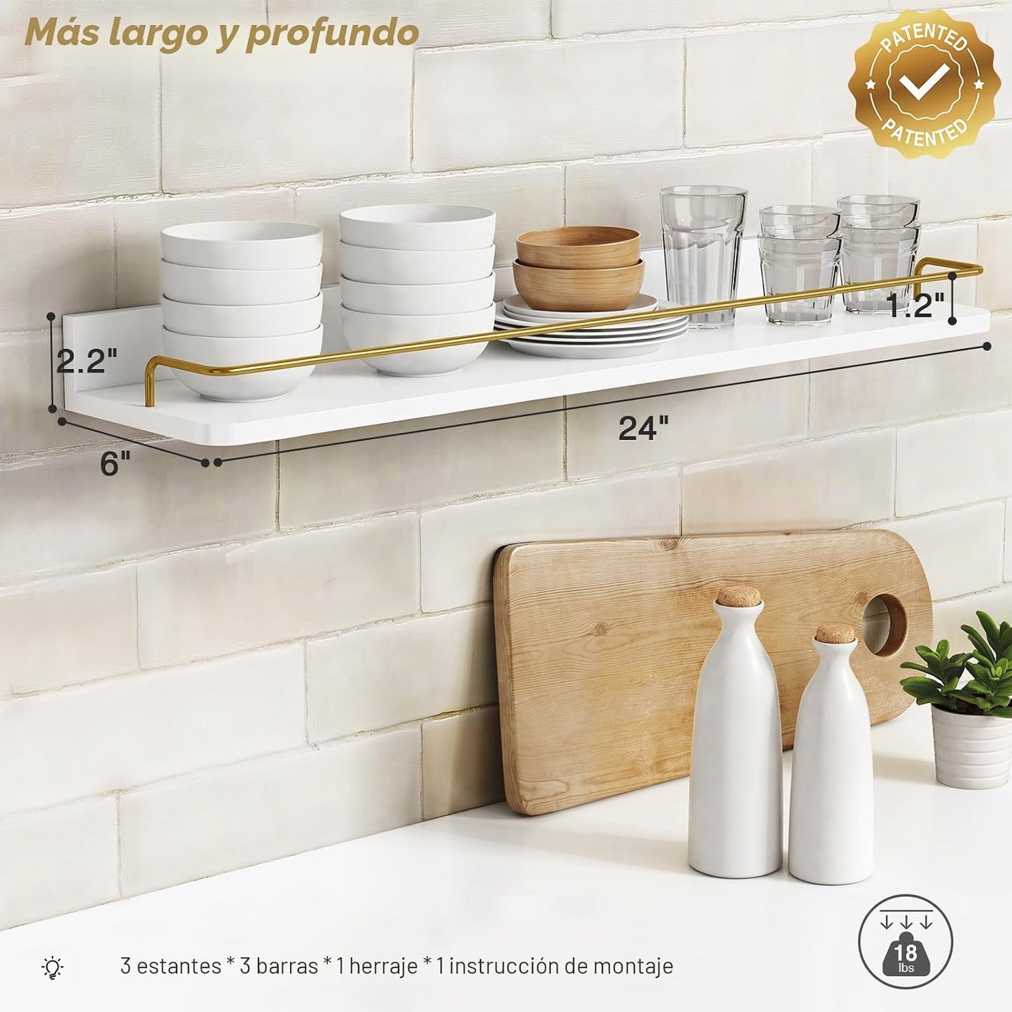 Estantes flotantes baño 24" set 3 dorados con barandilla