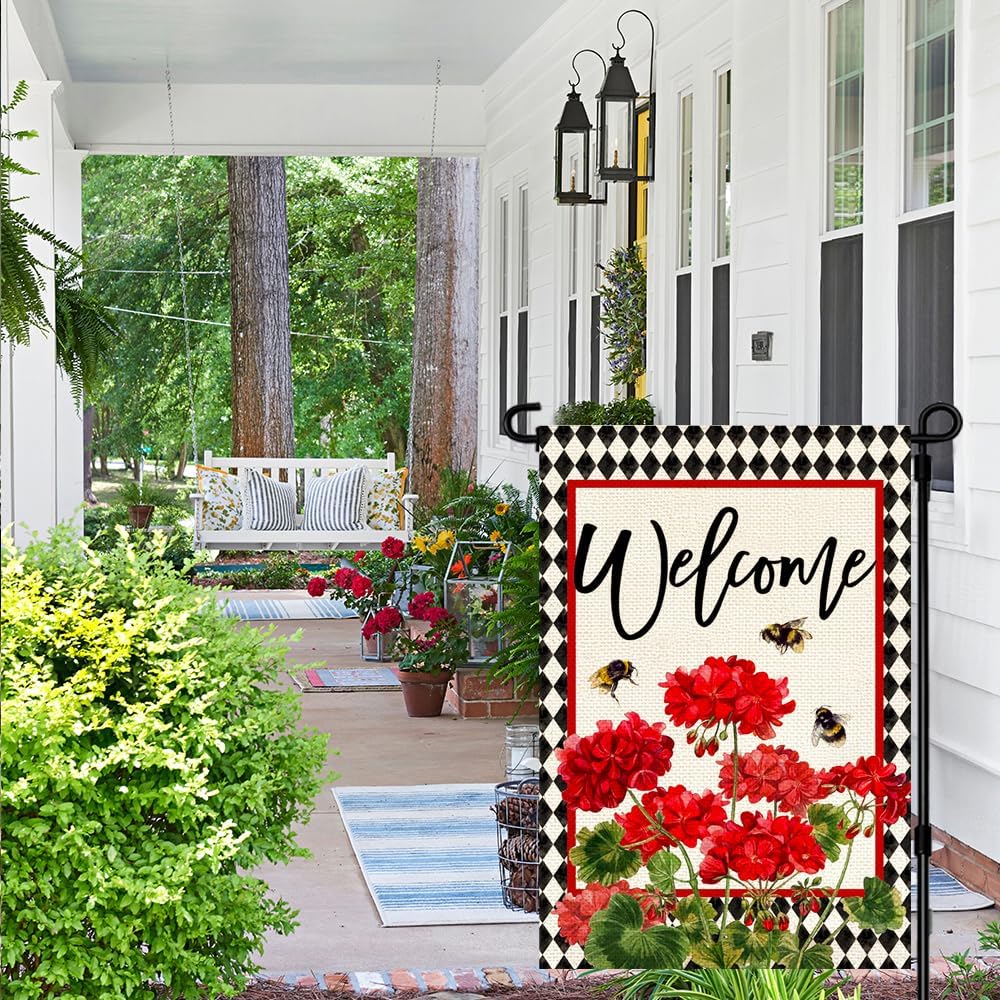 Bandera jardín doble cara arpillera floral roja 12x18"