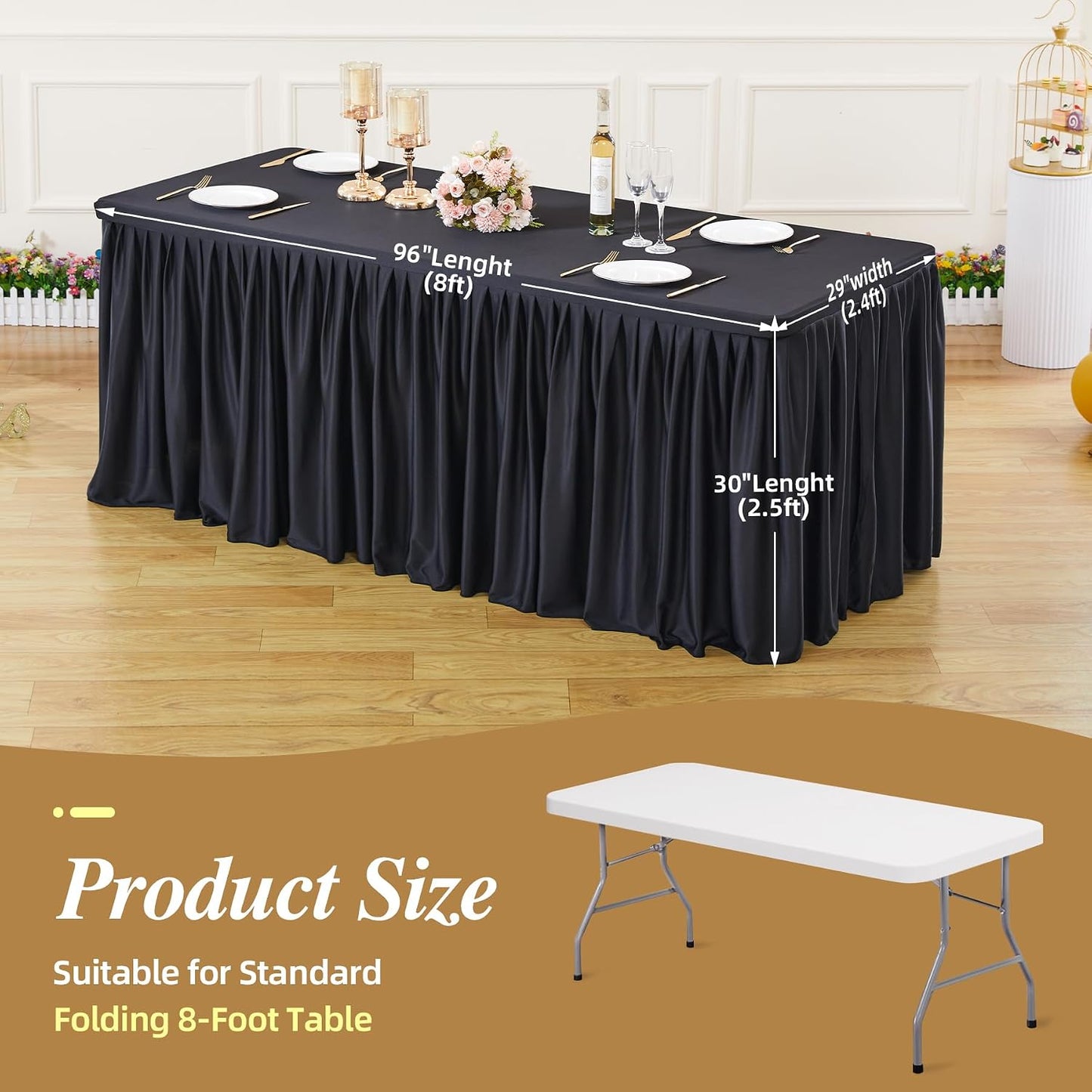 6 Pzas Funda Mesa Rectangular 8ft Negro Antiarrugas con