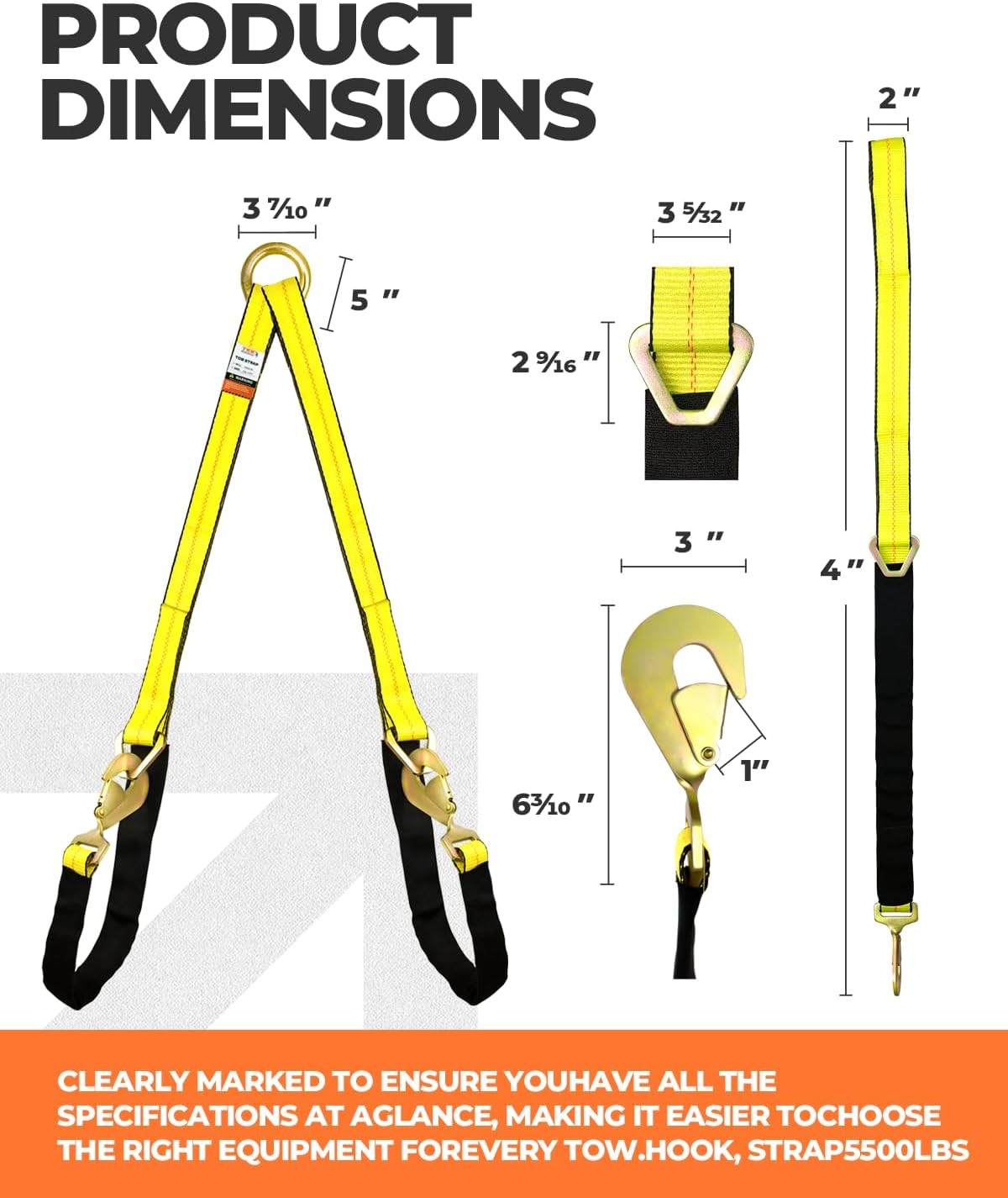 Correa remolque V-Bridle 2x4' 2450kg ganchos presión anillo
