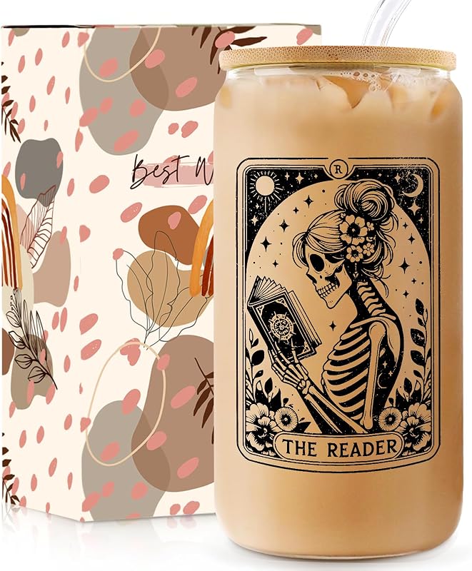 Taza vidrio 16oz con tapa y pajita regalo para amantes de libros