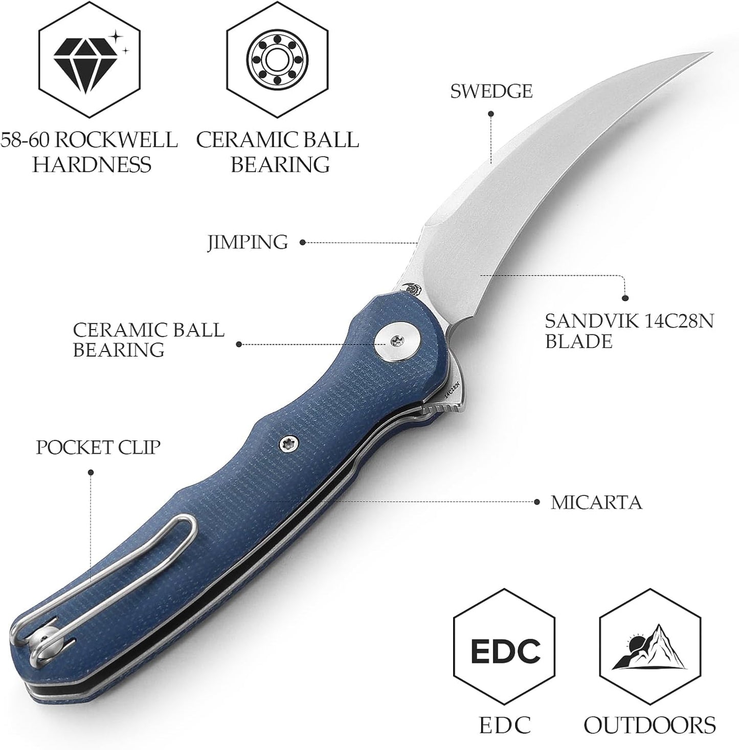 Cuchillo plegable Hawkbill EDC con clip alambre acero 14C28N