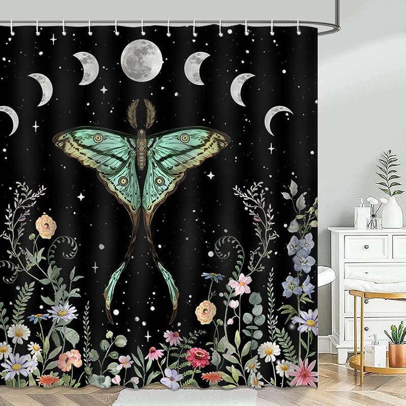 Cortina ducha gótica bruja fase lunar 72x72pulg 12 ganchos
