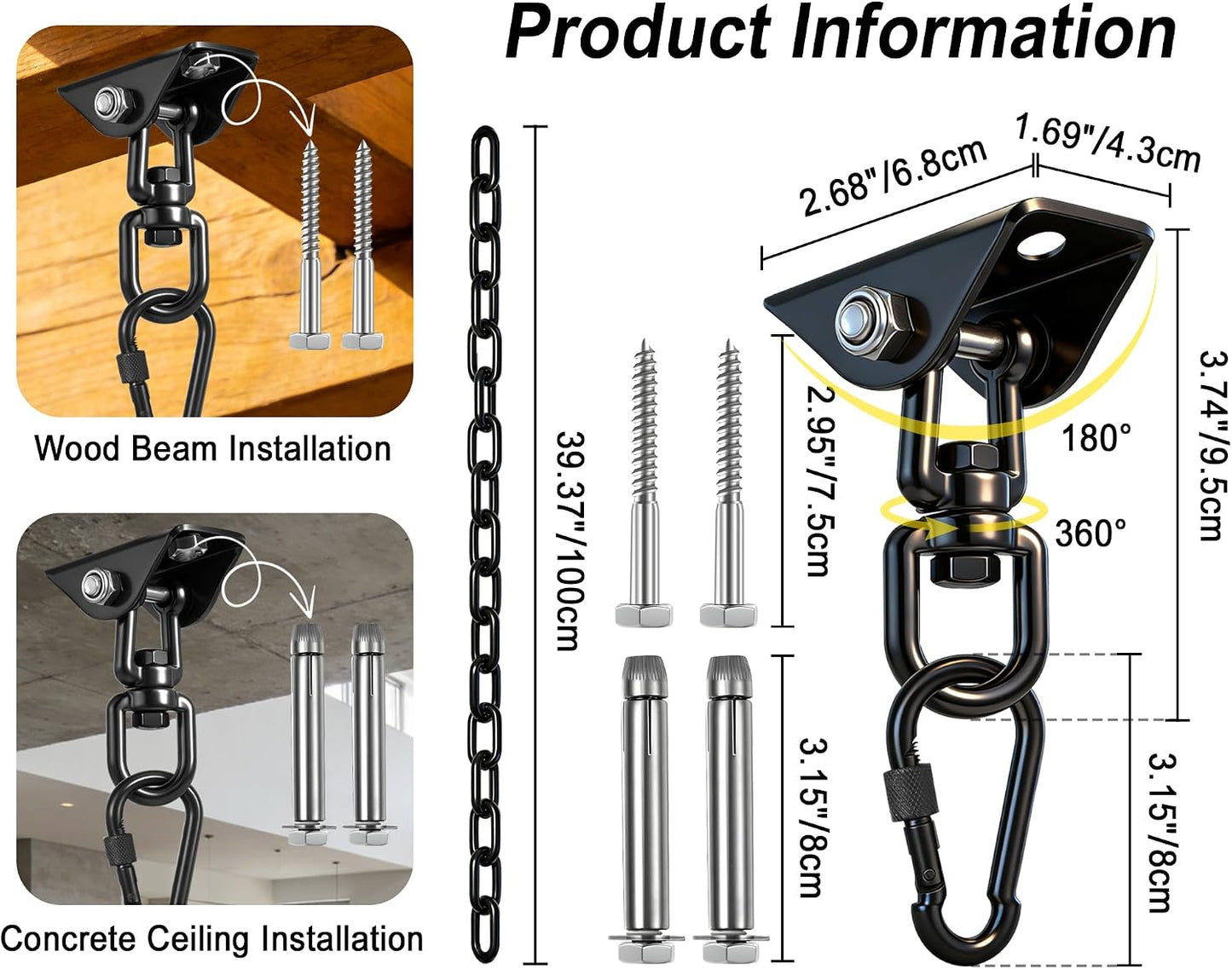 2 Cadenas 25pulg para sillas colgantes 500lb con 4 mosquetones