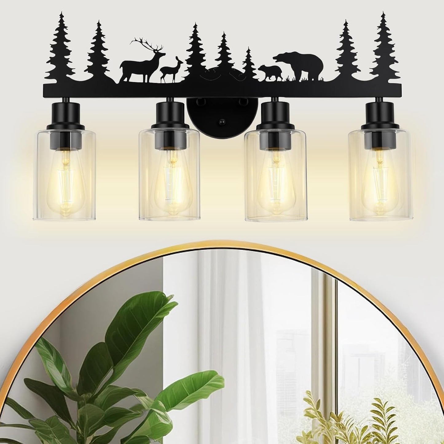 Lámpara pared baño 4 luces pantalla vidrio negro rústico