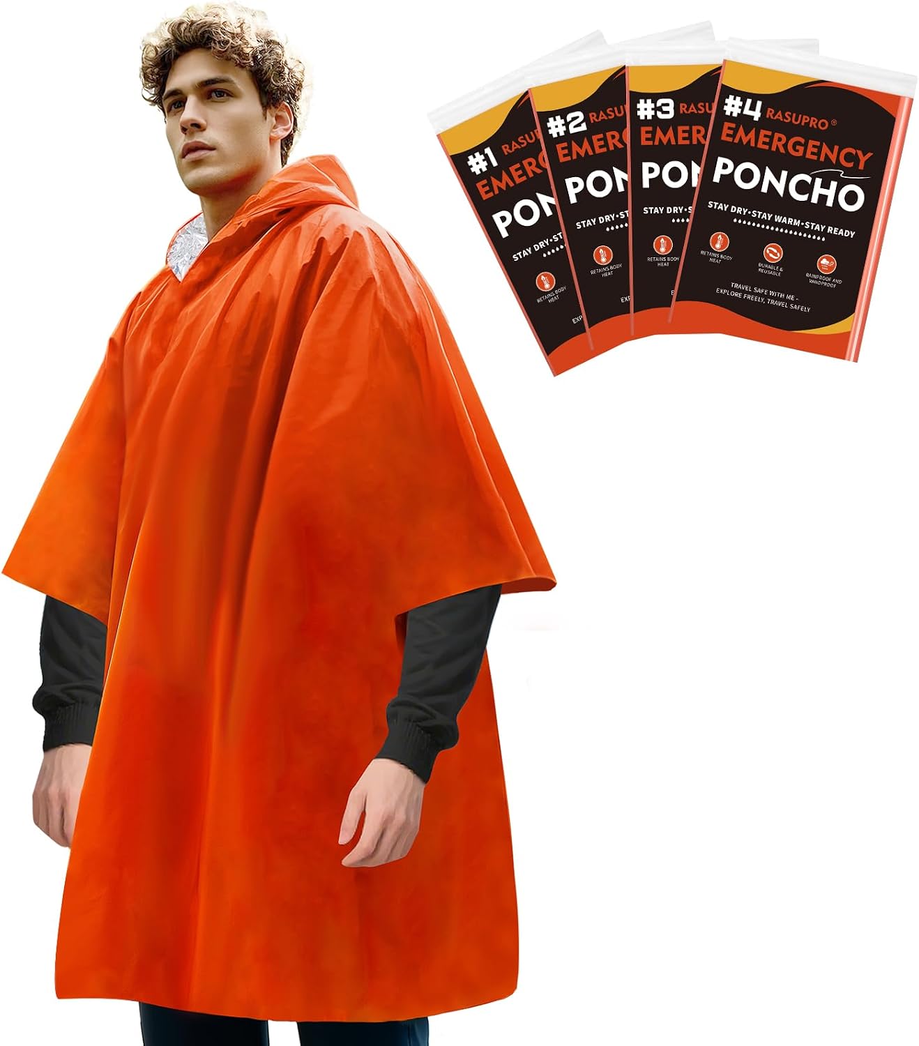 4 Ponchos Supervivencia Mylar Térmicos Impermeables Naranja