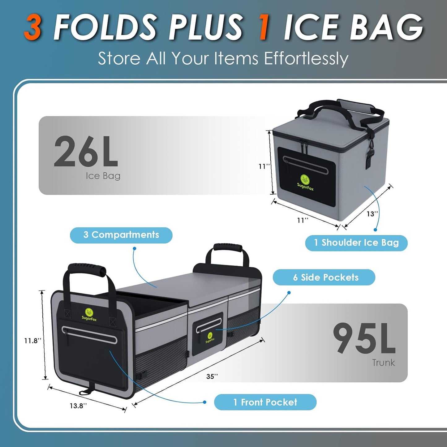 Organiz. maletero 95l con bolsa hielo 26l impermeable