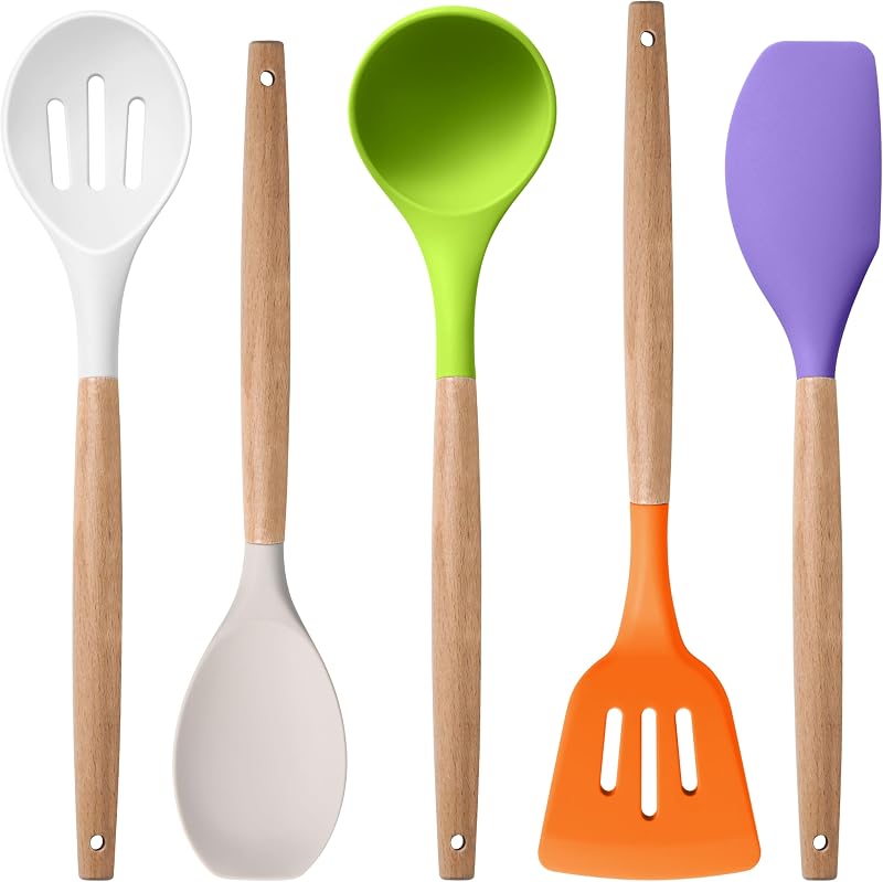 Set 5 Pzas Utensilios Silicona Mango Madera Antiadherente Colorido