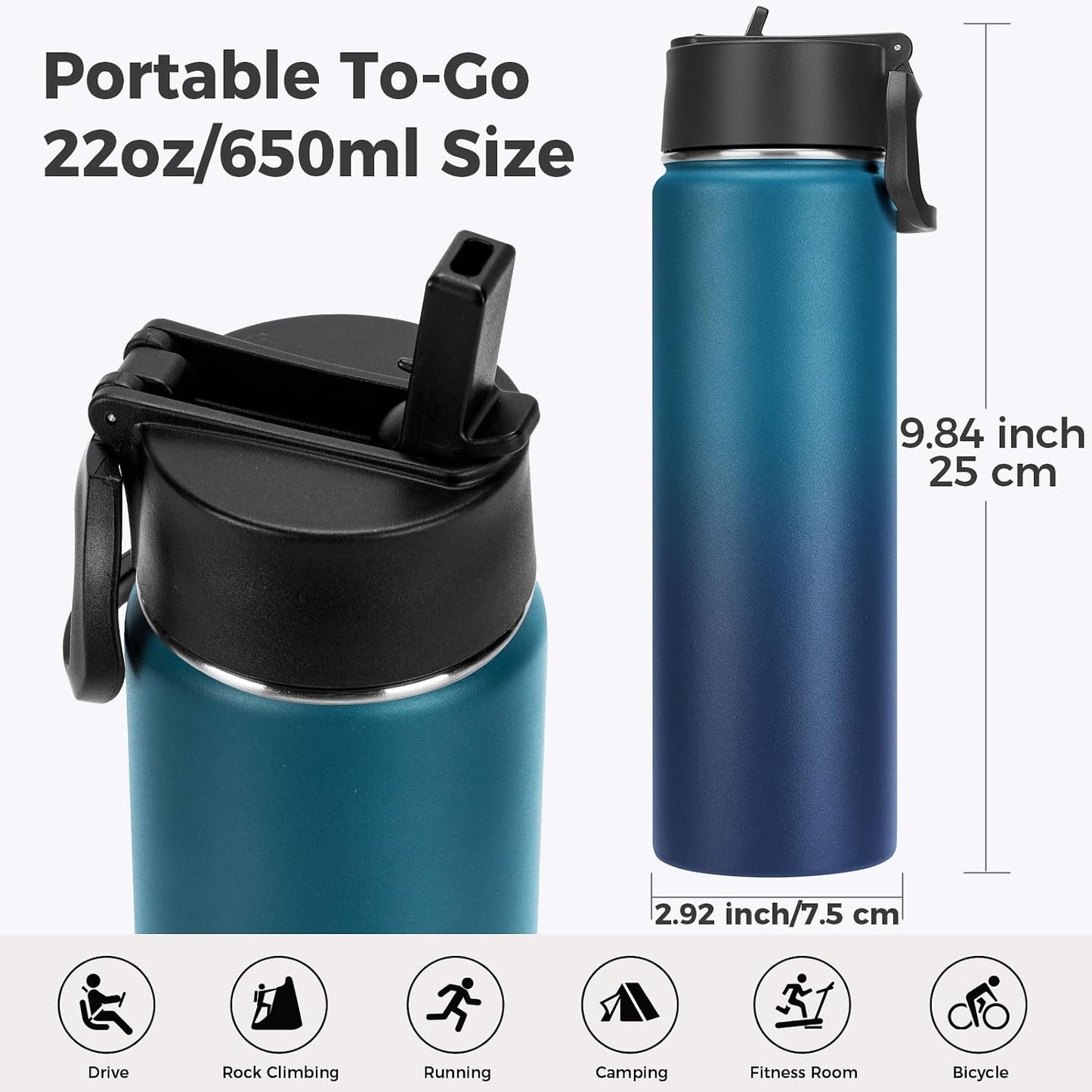 Botella agua acero inox doble pared 22oz con pajita