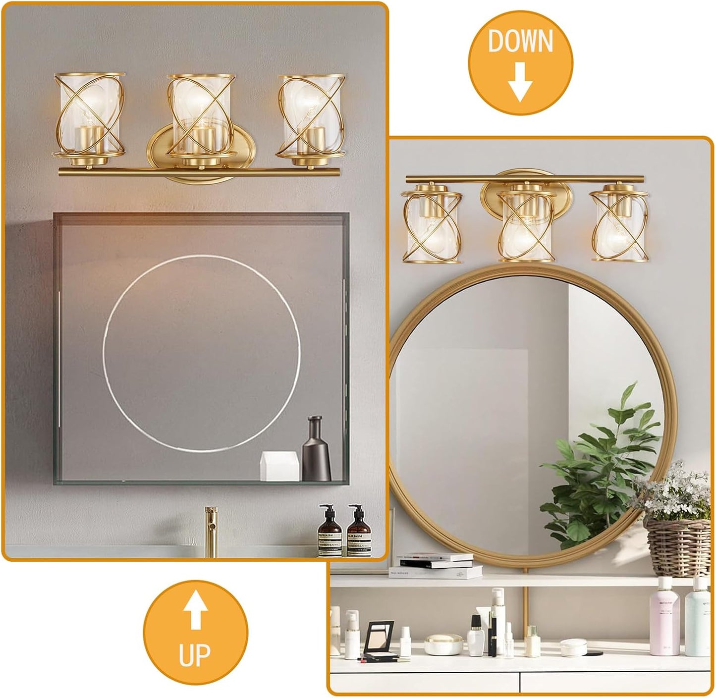 Luces tocad. modernas con soporte jaula 3 luces color dorado