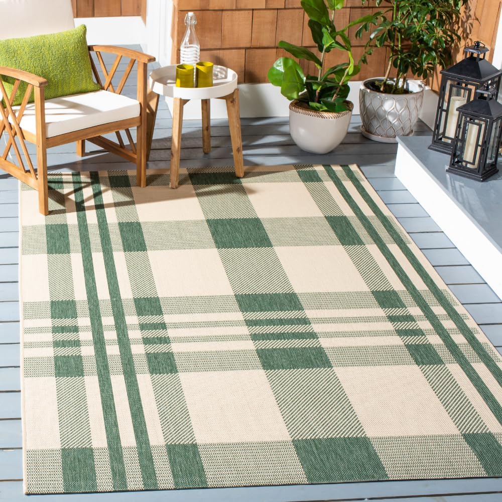 Alfombra exterior lavable 4x5'7 patrón cuadros verde beige