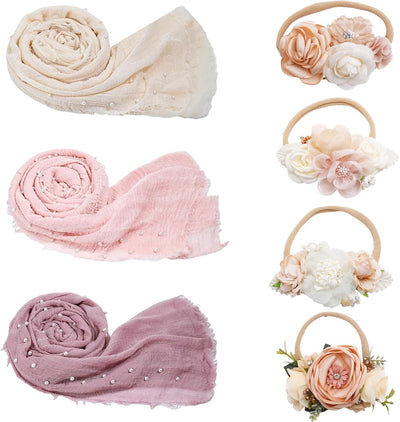 7 Pzas Accesorios Fotografía Bebé 3 Envolturas 4 Diademas Flores