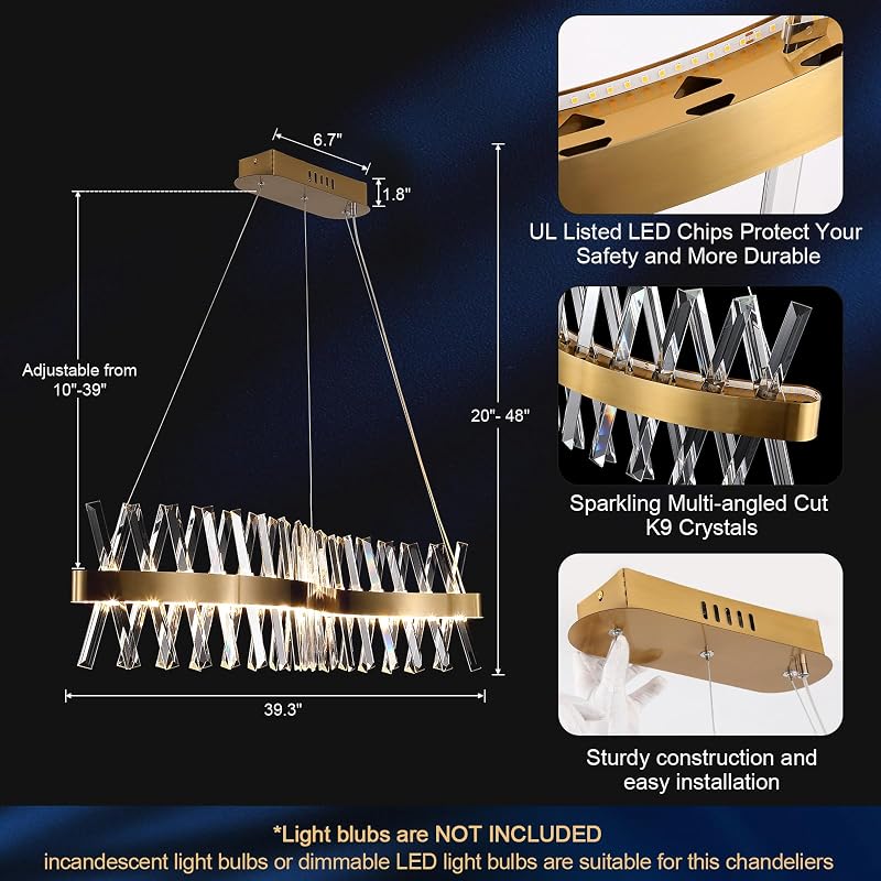 Candelabro cristal dorado LED colgante 40pulg comedor