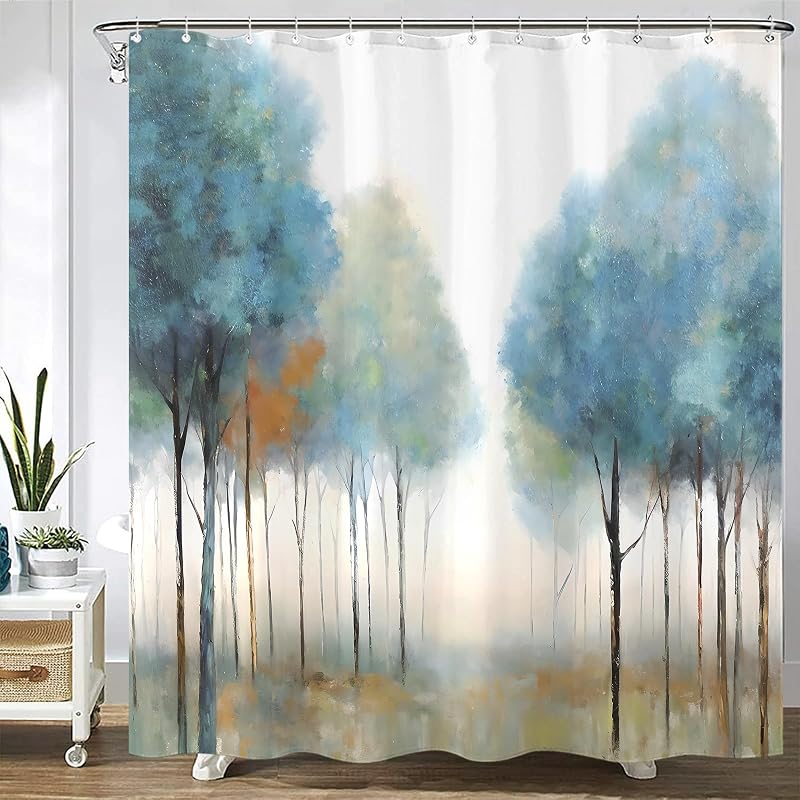 Cortina ducha azul con árbol 182,8x182,8cm 12 ganchos