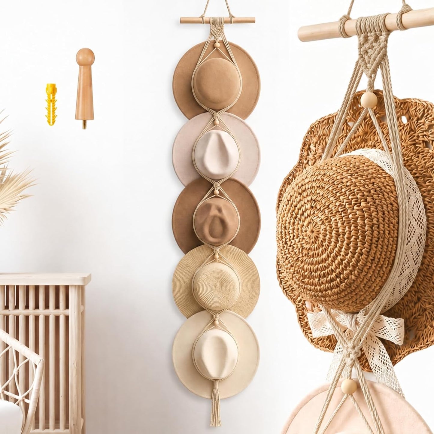 Perchas macramé para sombrero bohemio puerta beige