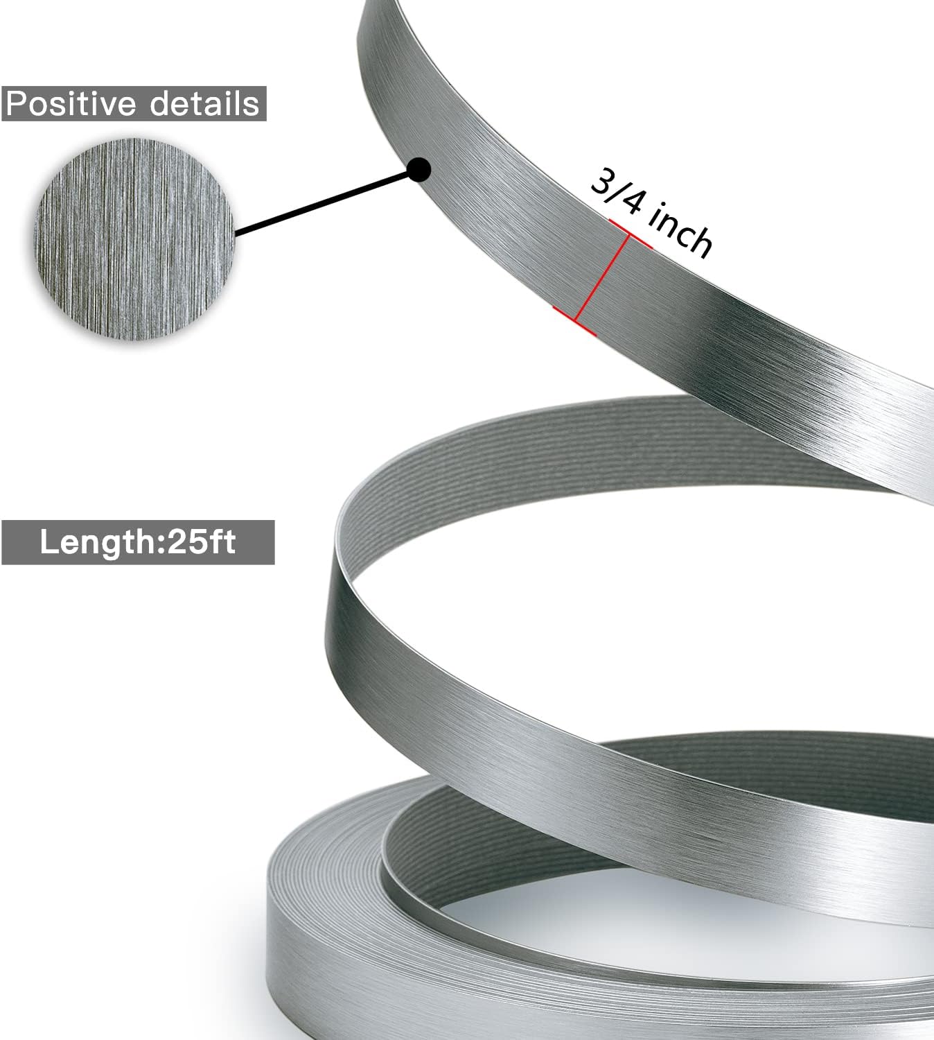 Bandas borde PVC 3/4pulg x25ft aluminio cepillado gris