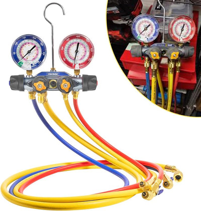 Set manómetro colector A/C 4 válvulas mangueras 60"