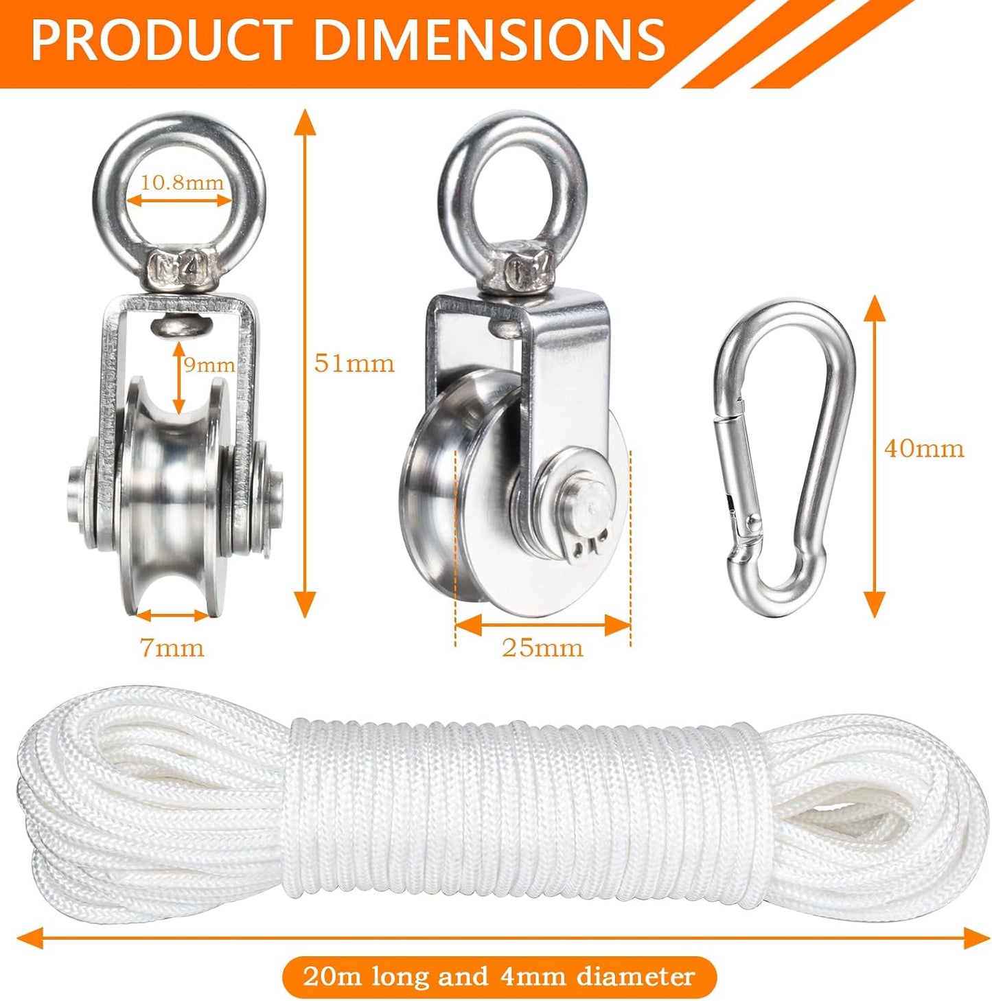 Polea acero inox M25 cuerda nailon 65.6ft clips