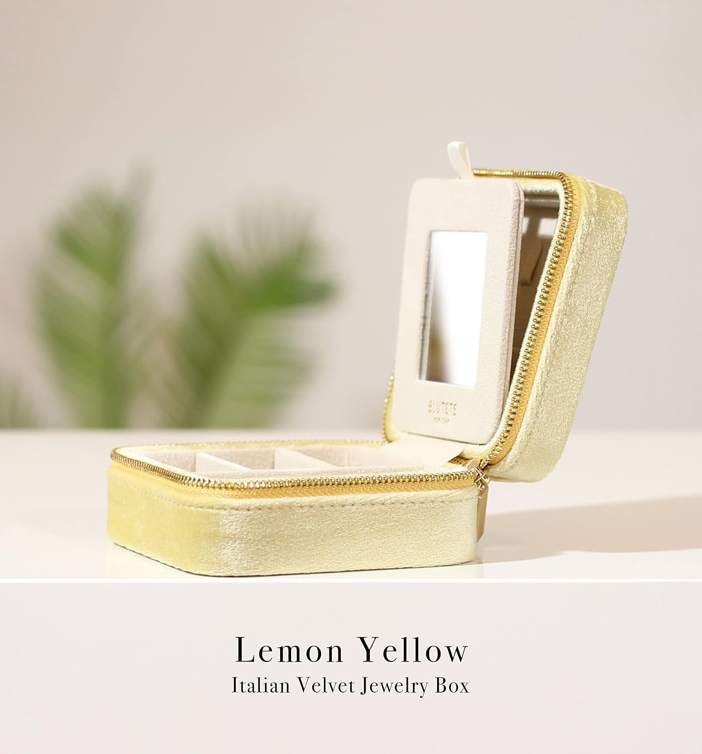 Caja terciopelo organizador joyería viaje con espejo amarillo limón