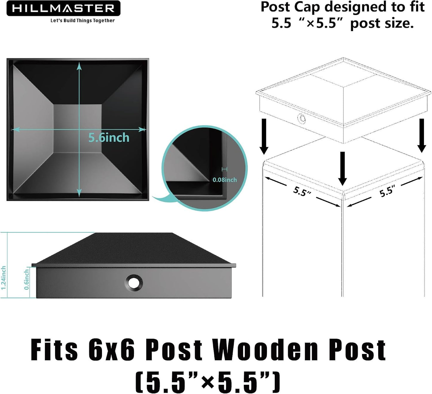 Tapas postes madera 5.5x5.5pulg plástico PP negro 12uds