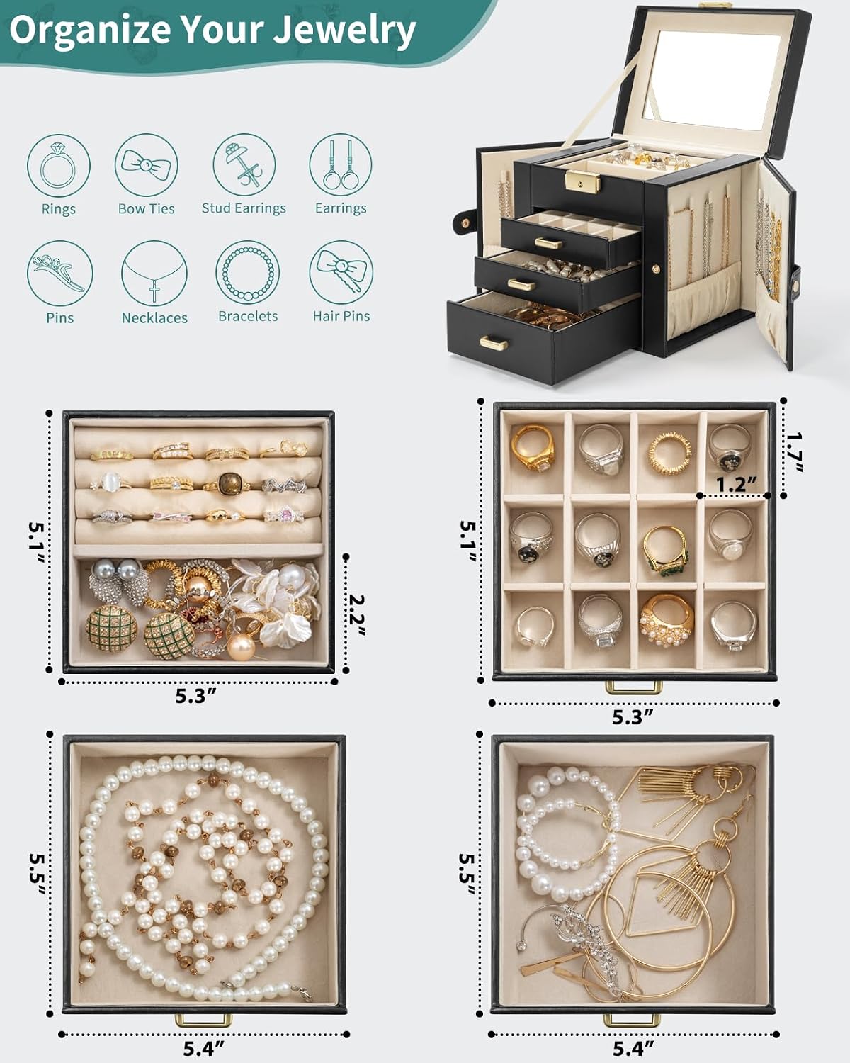Caja joyas 4 niveles cuero con cajones y cerradura