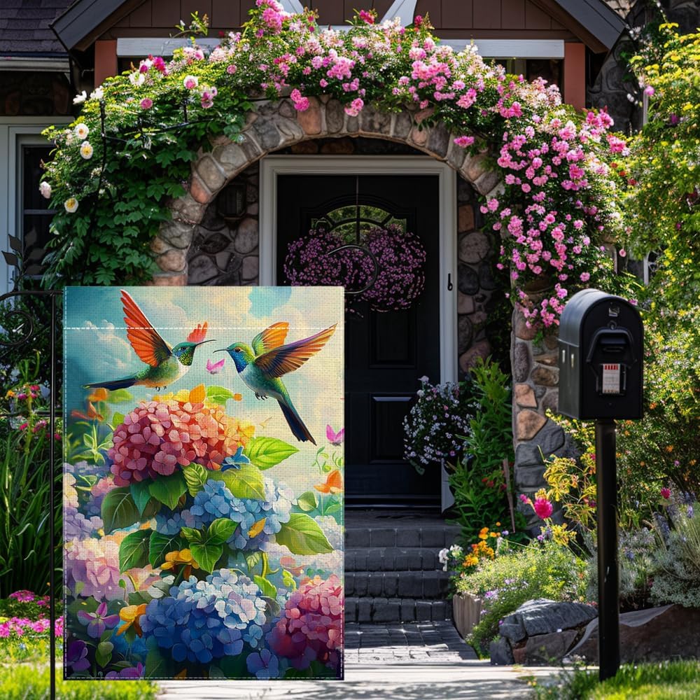 Bandera jardín hortensias colibríes 12x18pulg doble cara