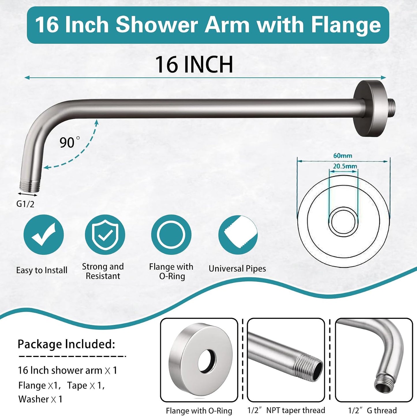 Brazo ducha 16pulg acero inox 90 grados pared fijo