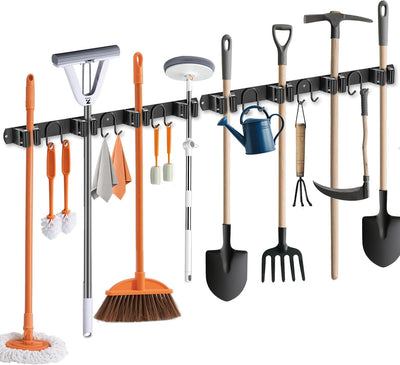 Soporte pared escoba 2unid acero inox negro 4ranuras