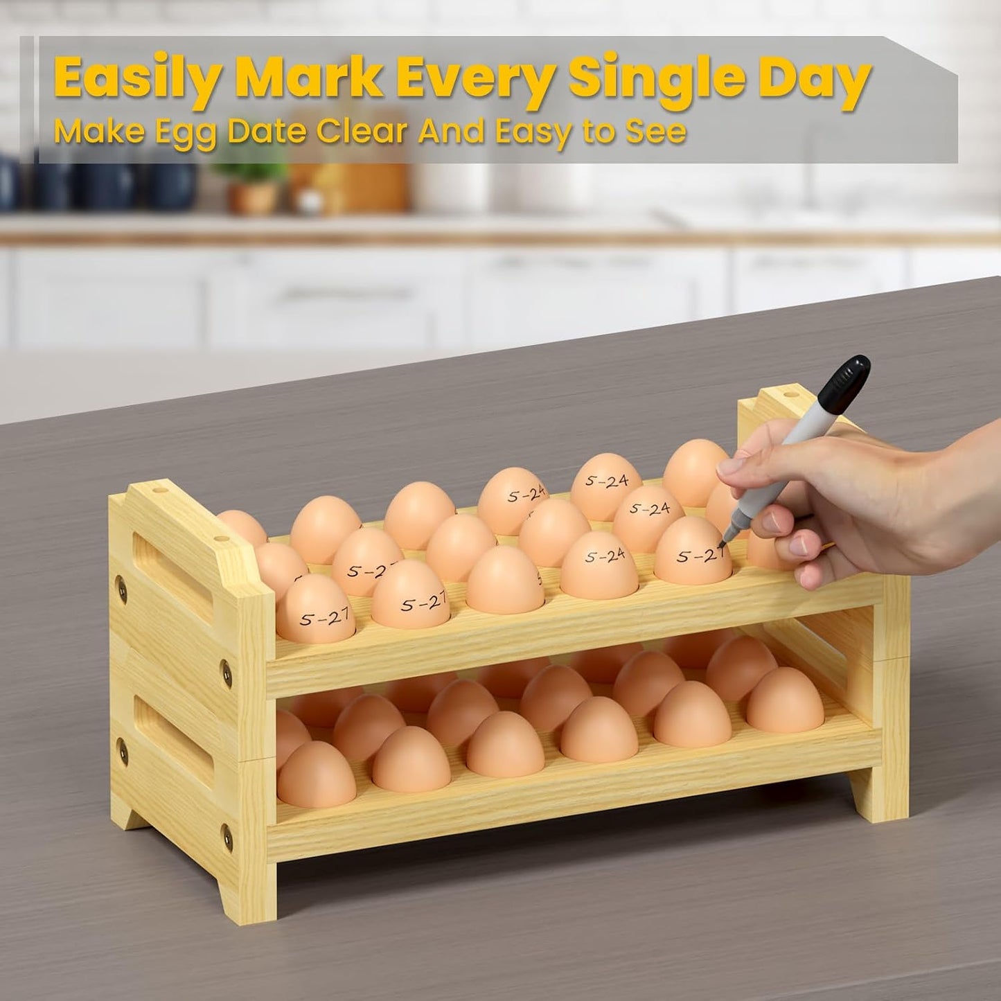 Soporte huevos madera 2 niveles 36 huevos asa cocina