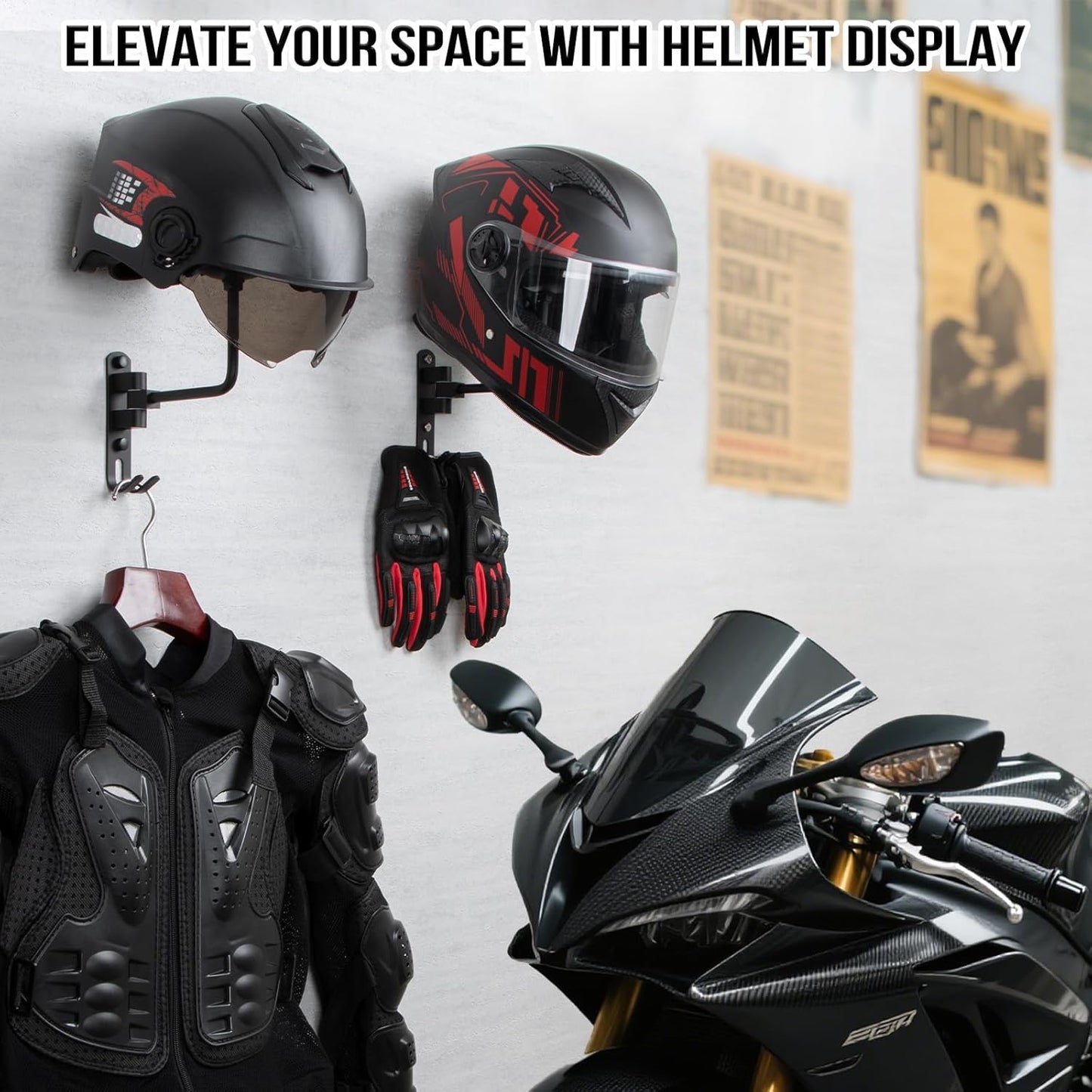 Soporte pared casco 2 perchas rotación 180 motocicleta