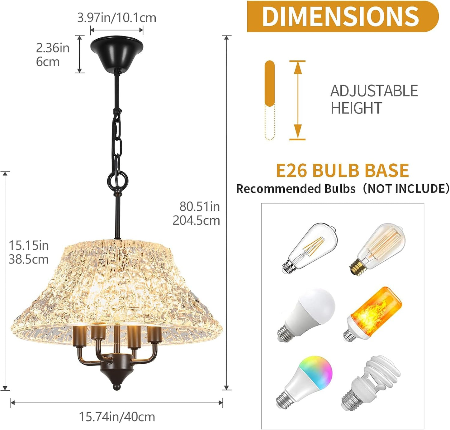 Lámpara colgante cristal negro 16pulg 4 luces comedor sala