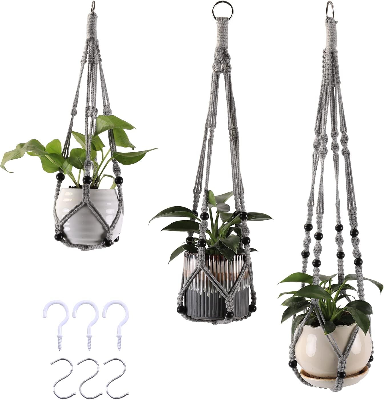 3 Colgadores Macramé para Plantas 35/30/24pulg Gris