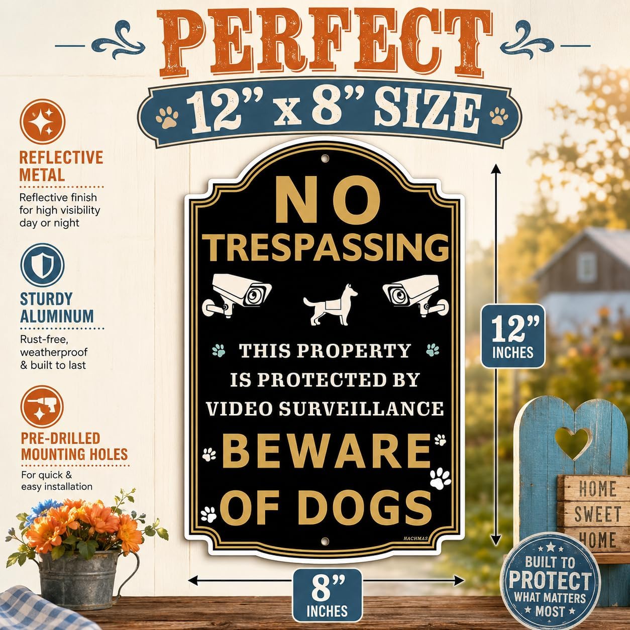 2 Carteles No Trespassing 12x8" Metal Negro/Dorado